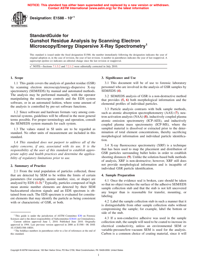 ASTM E1588-10e1 - Standard Guide for  Gunshot Residue Analysis by Scanning Electron Microscopy/ Energy Dispersive X-ray Spectrometry