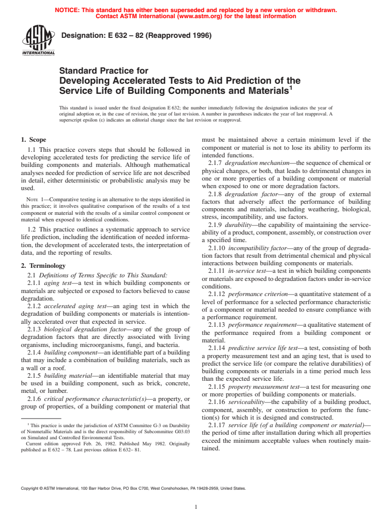 ASTM E632-82(1996) - Standard Practice for Developing Accelerated Tests to Aid Prediction of the Service Life of Building Components and Materials (Withdrawn 2005)