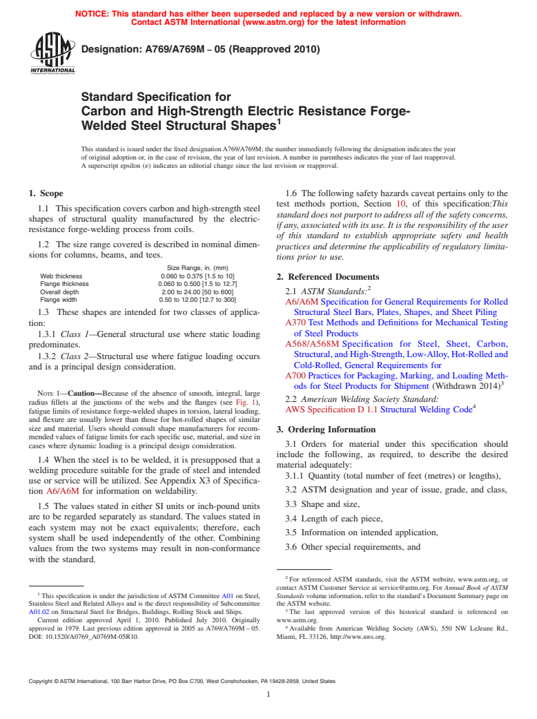 ASTM A769/A769M-05(2010) - Standard Specification for Carbon and High-Strength Electric Resistance Forge-Welded Steel Structural Shapes