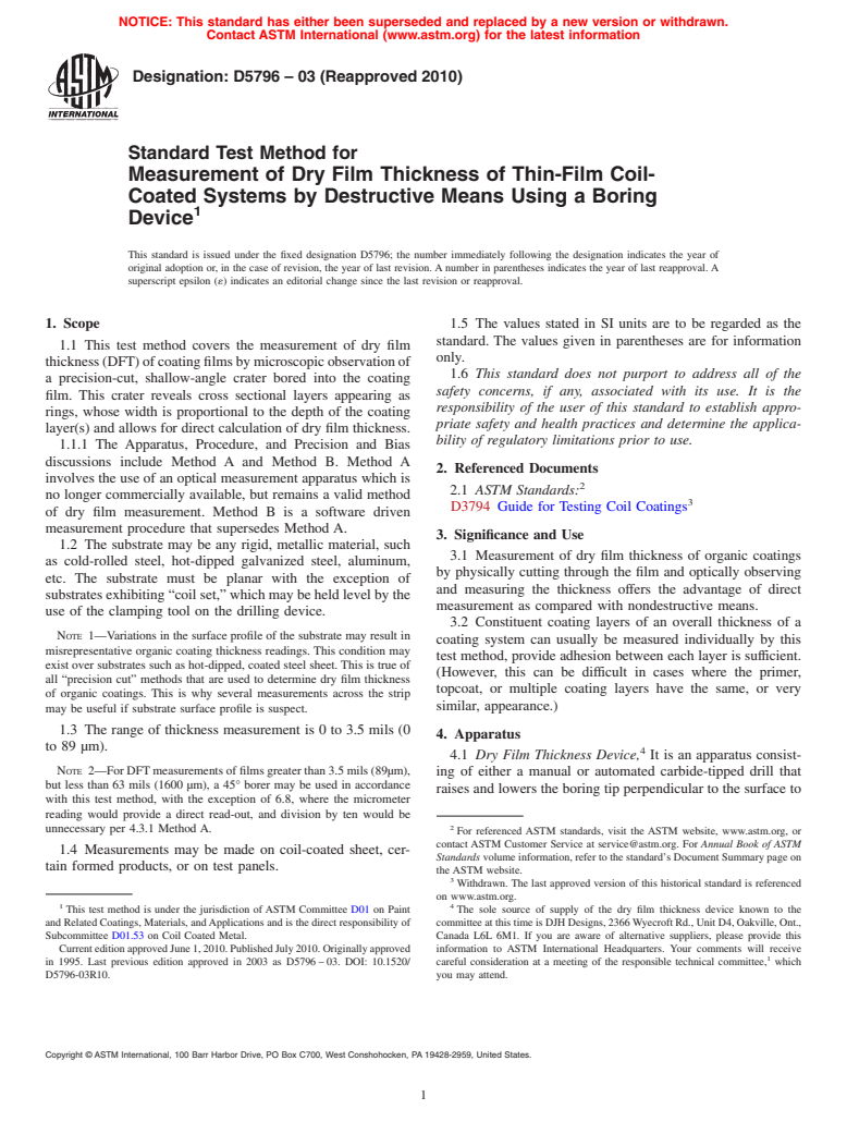 ASTM D5796-03(2010) - Standard Test Method for Measurement of Dry Film Thickness of Thin Film Coil-Coated Systems by Destructive Means Using a Boring Device