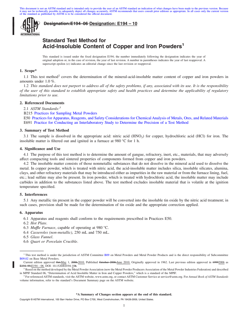 REDLINE ASTM E194-10 - Standard Test Method for Acid-Insoluble Content of Copper and Iron Powders