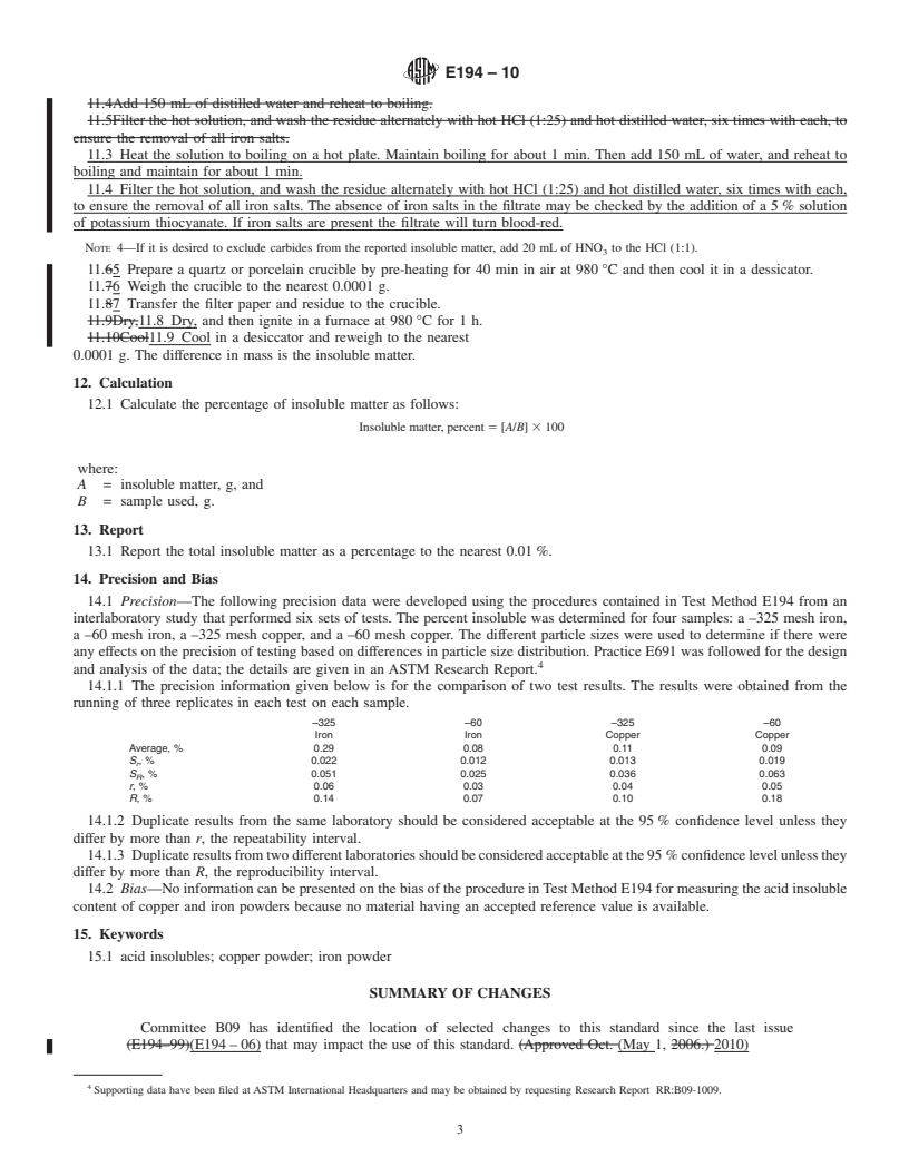 REDLINE ASTM E194-10 - Standard Test Method for Acid-Insoluble Content of Copper and Iron Powders