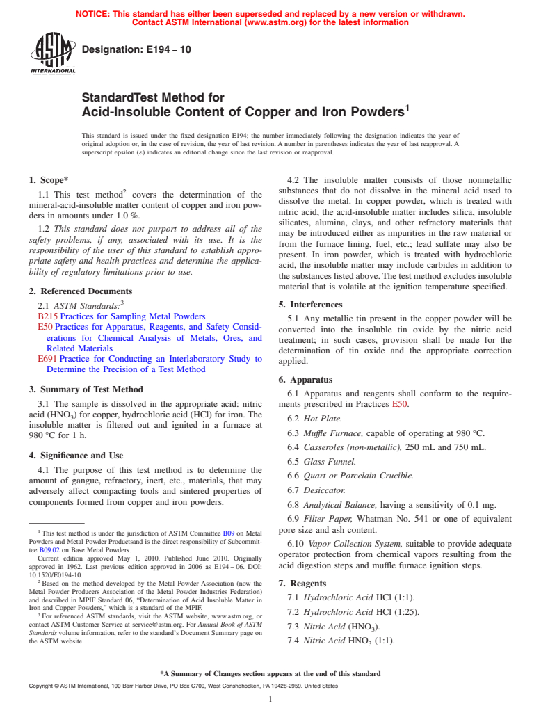 ASTM E194-10 - Standard Test Method for Acid-Insoluble Content of Copper and Iron Powders