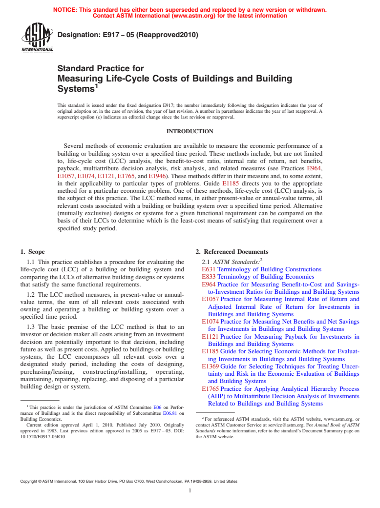 ASTM E917-05(2010) - Standard Practice for Measuring Life-Cycle Costs of Buildings and Building Systems