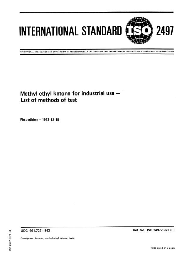 ISO 2497:1973 - Methyl ethyl ketone for industrial use -- List of methods of test