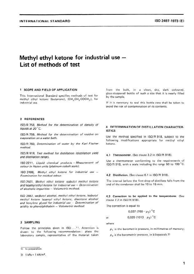 ISO 2497:1973 - Methyl ethyl ketone for industrial use -- List of methods of test