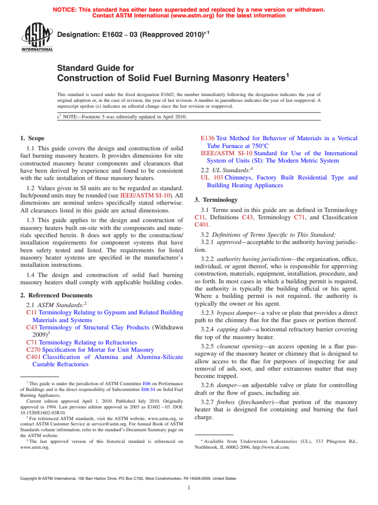 ASTM E1602-03(2010)e1 - Standard Guide for Construction of Solid Fuel Burning Masonry Heaters