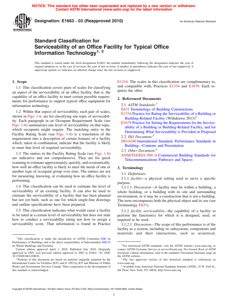 ASTM E1663-03(2010) - Standard Classification for Serviceability of an Office Facility for Typical Office Information Technology