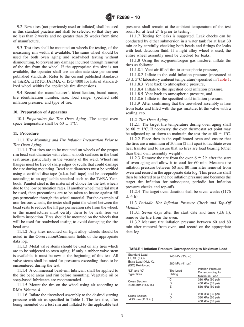 ASTM F2838-10 - Standard Practice for Accelerated Laboratory Aging of Radial Passenger Car and Light Truck Tires through Load Range E for the Laboratory Generation of Belt Separation