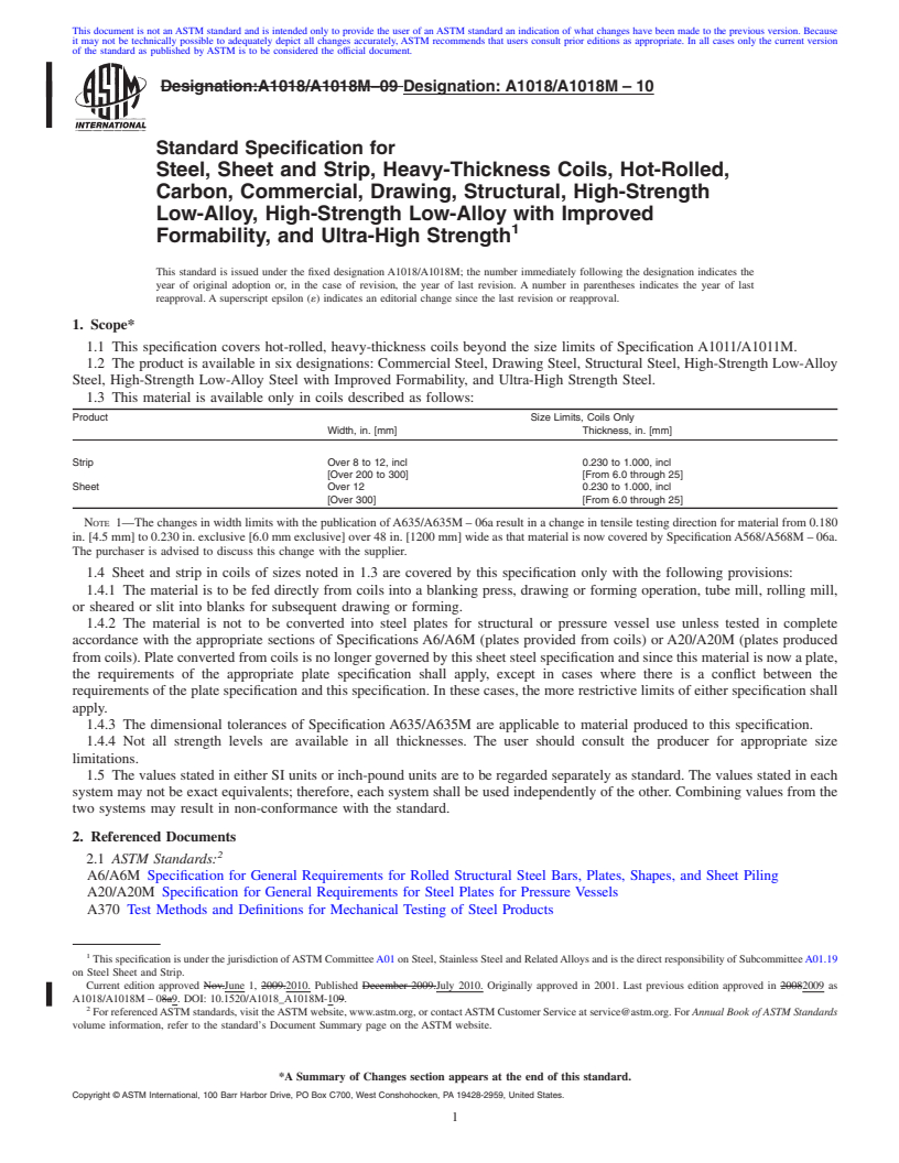 REDLINE ASTM A1018/A1018M-10 - Standard Specification for Steel, Sheet and Strip, Heavy-Thickness Coils, Hot-Rolled, Carbon, Commercial, Drawing, Structural, High-Strength Low-Alloy, High-Strength Low-Alloy with Improved Formability, and Ultra-High Strength