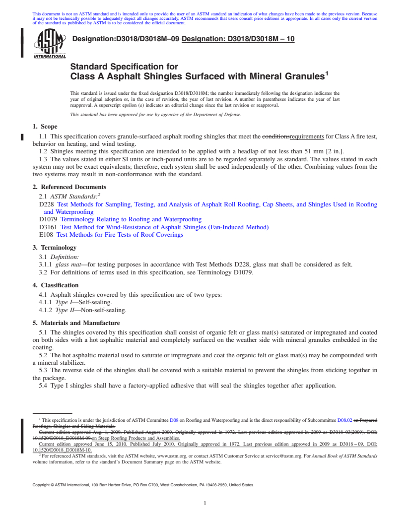 REDLINE ASTM D3018/D3018M-10 - Standard Specification for Class A Asphalt Shingles Surfaced with Mineral Granules