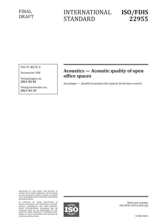 ISO/FDIS 22955:Version 30-jan-2021 - Acoustics -- Acoustic quality of open office spaces