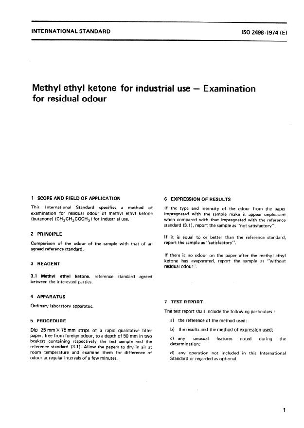 ISO 2498:1974 - Methyl ethyl ketone for industrial use -- Examination for residual odour