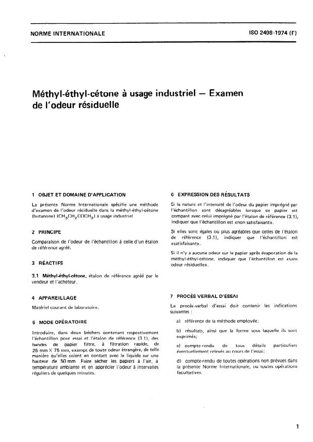 ISO 2498:1974 - Méthyl-éthyl-cétone a usage industriel -- Examen de l'odeur résiduelle