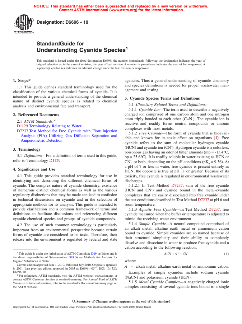 ASTM D6696-10 - Standard Guide for Understanding Cyanide Species