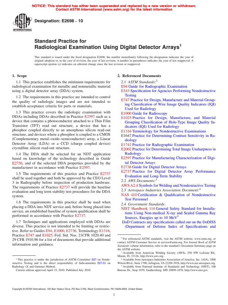 ASTM E2698-10 - Standard Practice for Radiological Examination Using Digital Detector Arrays
