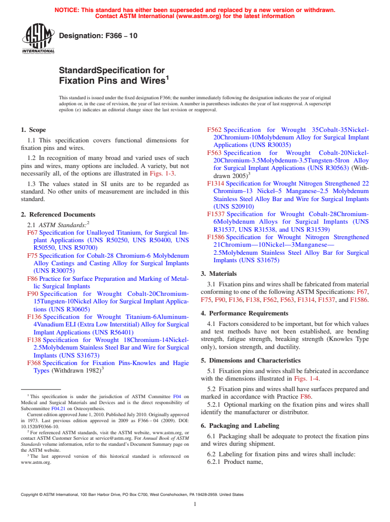 ASTM F366-10 - Standard Specification for Fixation Pins and Wires