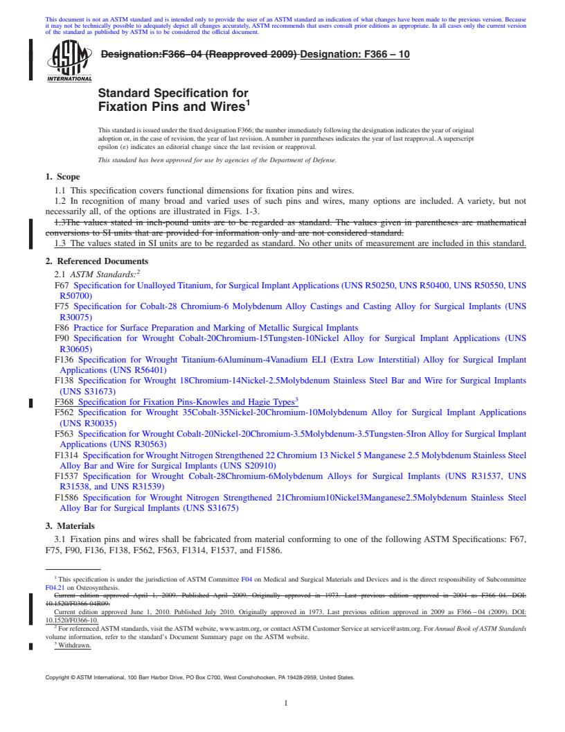 REDLINE ASTM F366-10 - Standard Specification for Fixation Pins and Wires