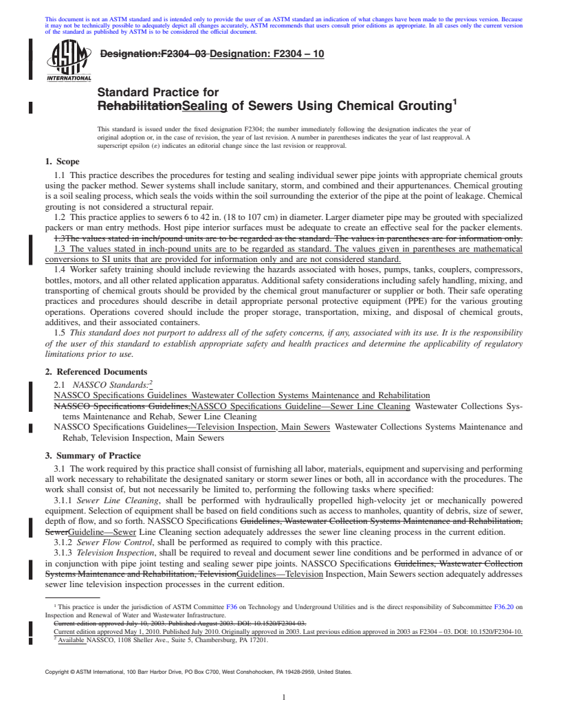 REDLINE ASTM F2304-10 - Standard Practice for Sealing of Sewers Using Chemical Grouting