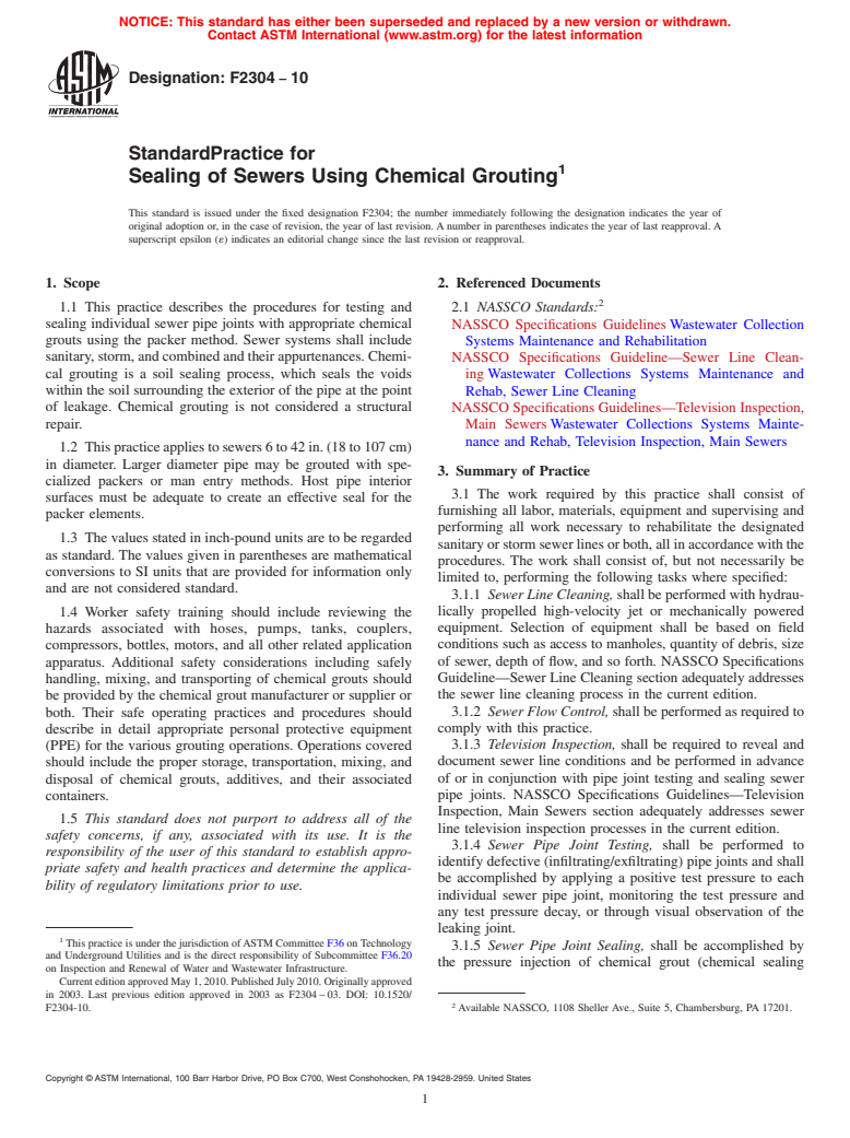 ASTM F2304-10 - Standard Practice for Sealing of Sewers Using Chemical Grouting