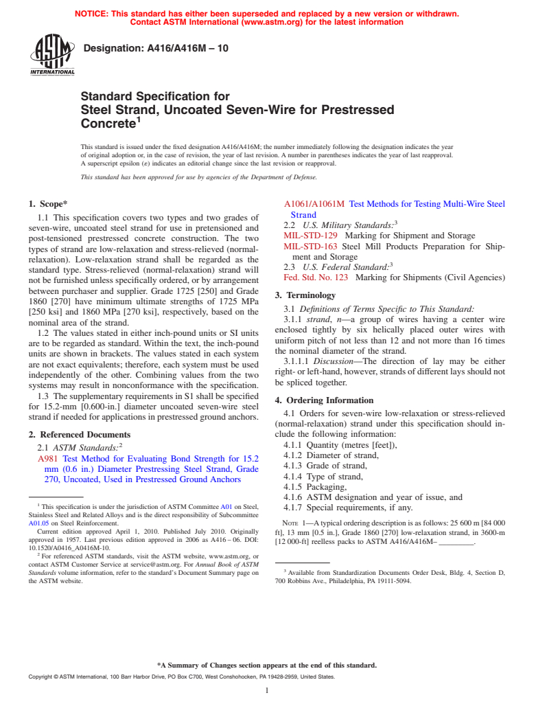 ASTM A416/A416M-10 - Standard Specification for Steel Strand, Uncoated Seven-Wire for Prestressed Concrete