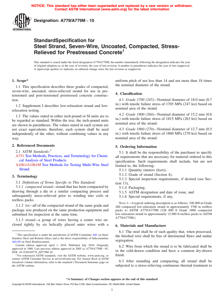 ASTM A779/A779M-10 - Standard Specification for Steel Strand, Seven-Wire, Uncoated, Compacted, Stress-Relieved for Prestressed Concrete