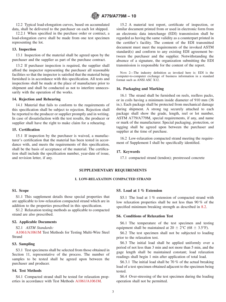ASTM A779/A779M-10 - Standard Specification for Steel Strand, Seven-Wire, Uncoated, Compacted, Stress-Relieved for Prestressed Concrete