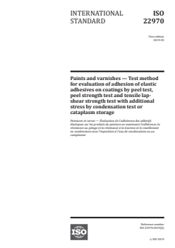 ISO 22970:2019 - Paints and varnishes — Test method for evaluation of adhesion of elastic adhesives on coatings by peel test, peel strength test and tensile lap-shear strength test with additional stress by condensation test or cataplasm storage
Released:4/29/2019 - Page 1 preview