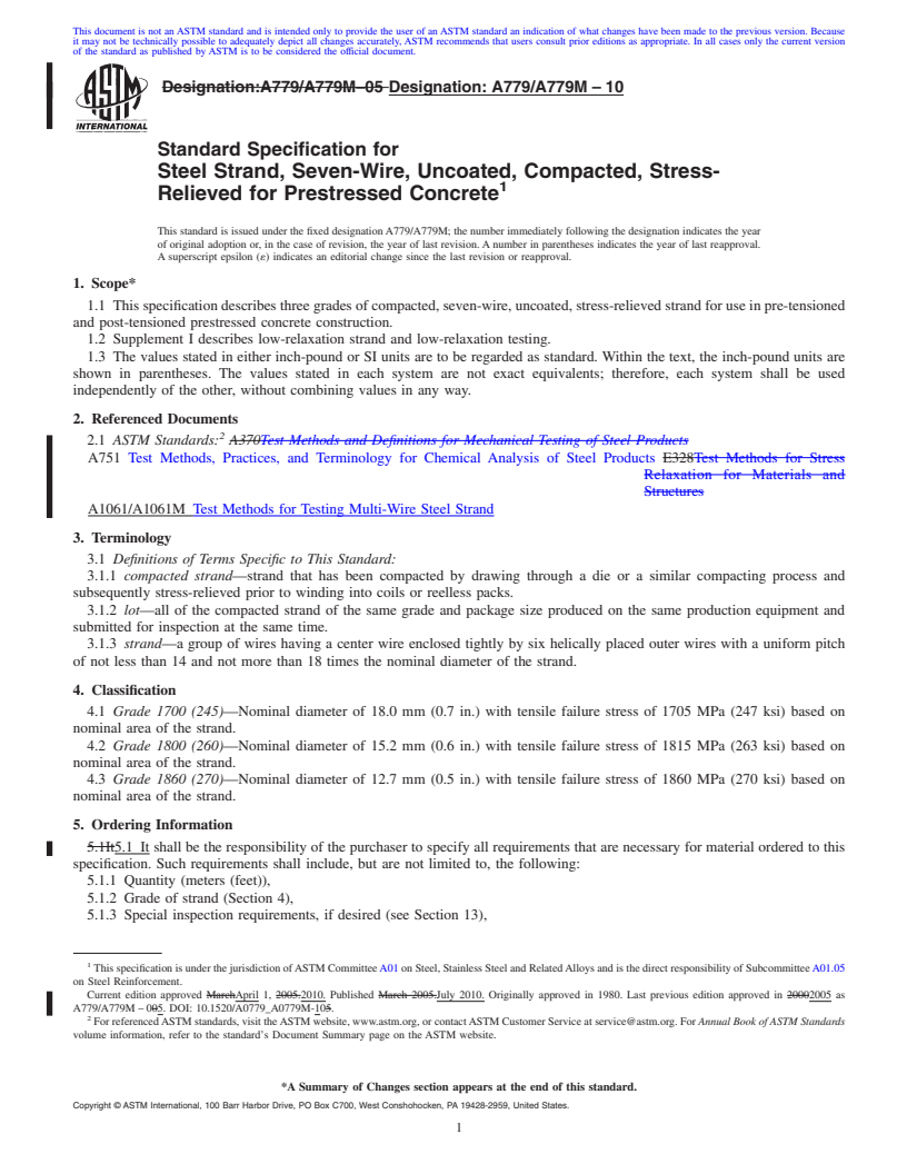 REDLINE ASTM A779/A779M-10 - Standard Specification for Steel Strand, Seven-Wire, Uncoated, Compacted, Stress-Relieved for Prestressed Concrete