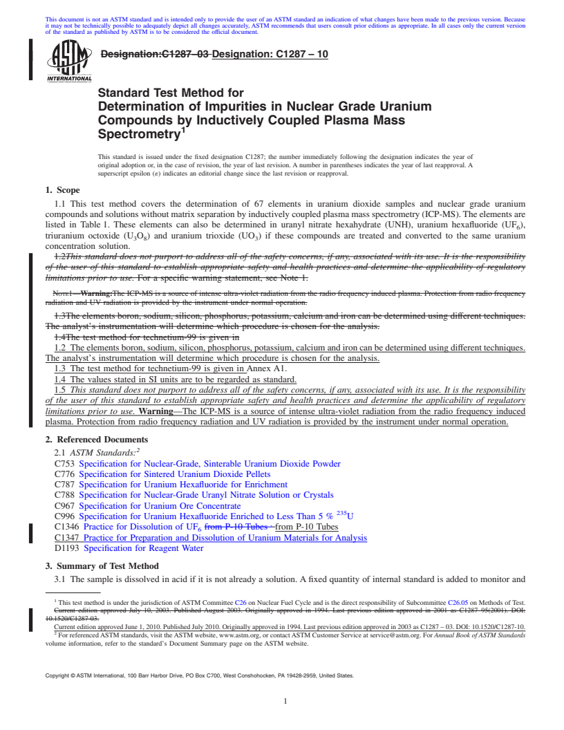 REDLINE ASTM C1287-10 - Standard Test Method for Determination of Impurities in Nuclear Grade Uranium Compounds by Inductively Coupled Plasma Mass Spectrometry