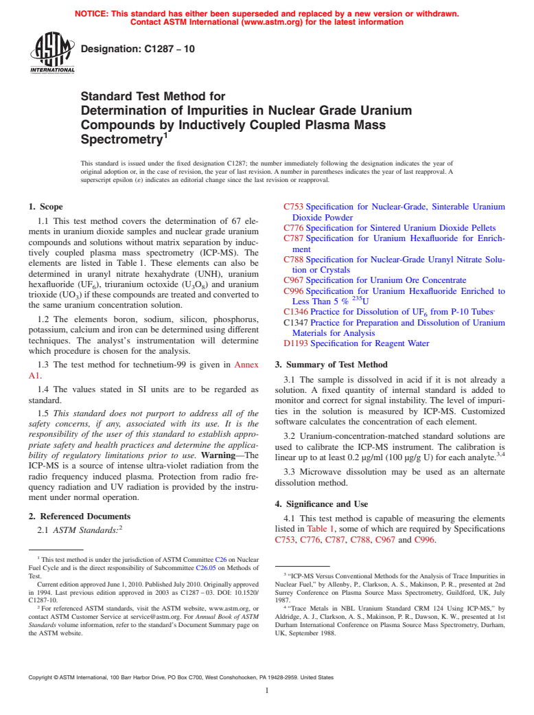 ASTM C1287-10 - Standard Test Method for Determination of Impurities in Nuclear Grade Uranium Compounds by Inductively Coupled Plasma Mass Spectrometry