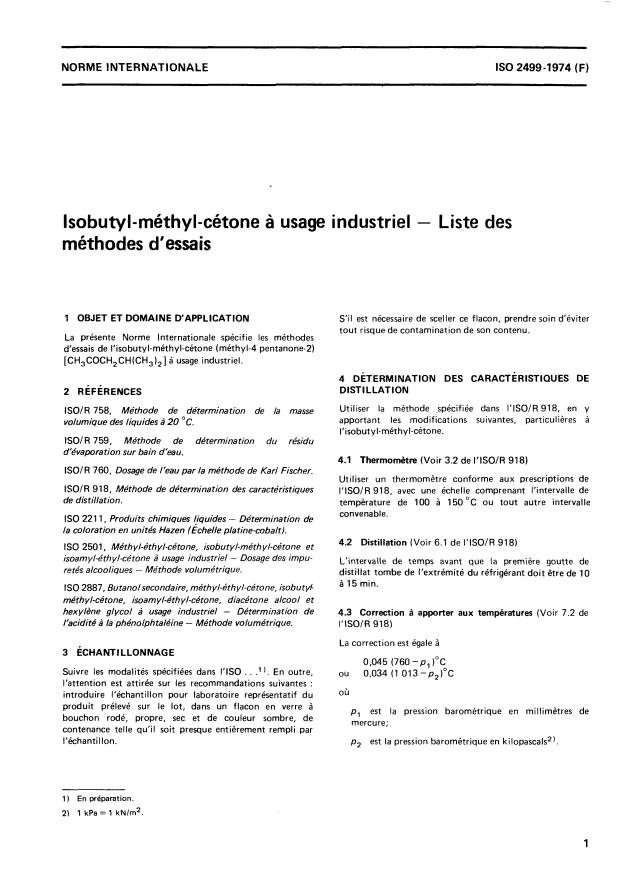 ISO 2499:1974 - Isobutyl-méthyl-cétone a usage industriel -- Liste des méthodes d'essais
