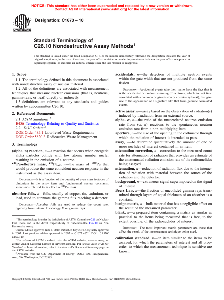 ASTM C1673-10 - Standard Terminology of C26.10 Nondestructive Assay Methods