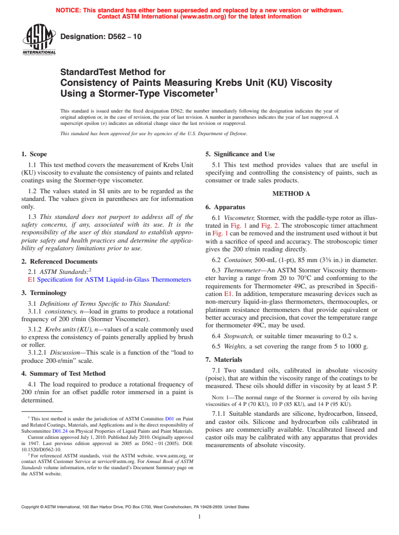 ASTM D562-10 - Standard Test Method for Consistency of Paints Measuring Krebs Unit (KU) Viscosity Using a Stormer-Type Viscometer