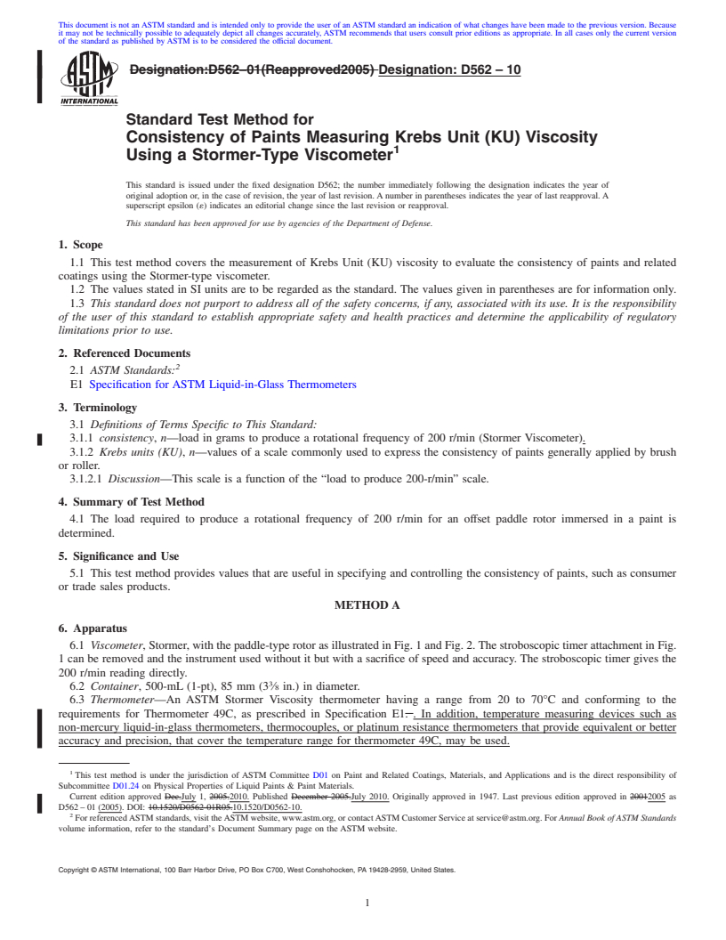 REDLINE ASTM D562-10 - Standard Test Method for Consistency of Paints Measuring Krebs Unit (KU) Viscosity Using a Stormer-Type Viscometer