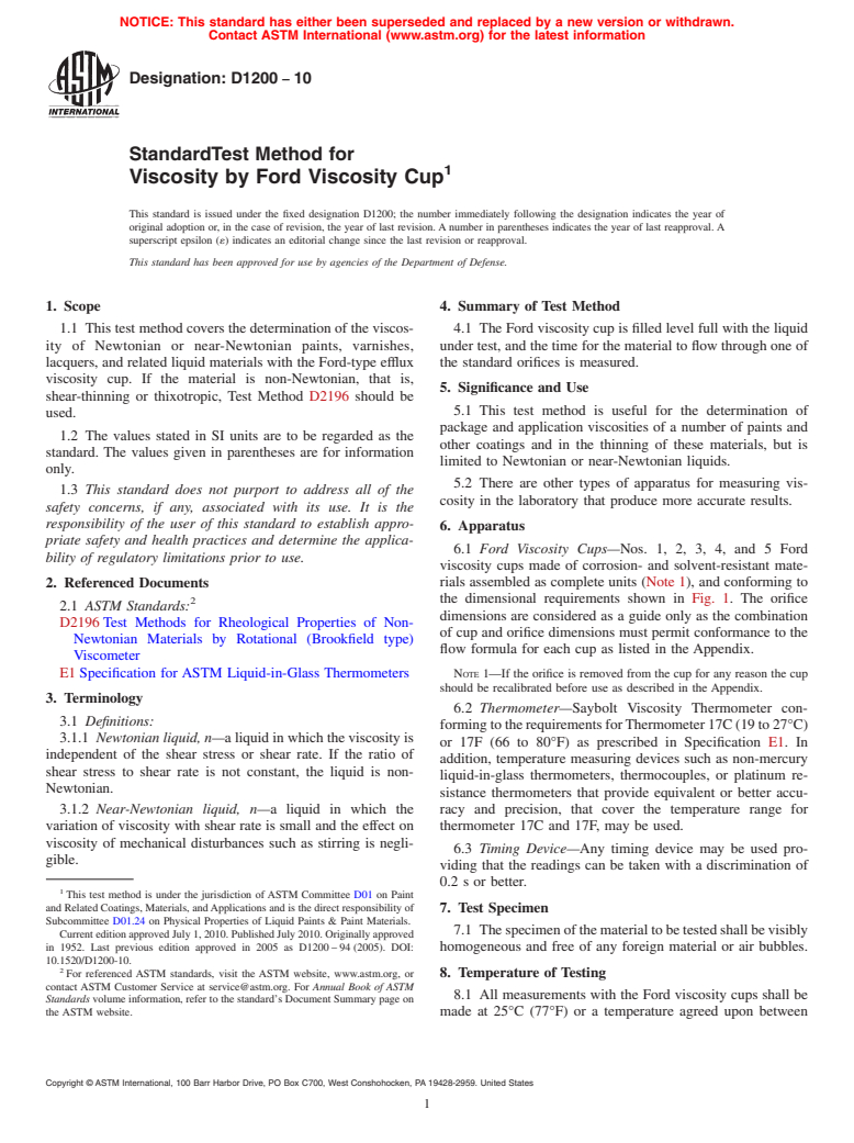 ASTM D1200-10 - Standard Test Method for Viscosity by Ford Viscosity Cup