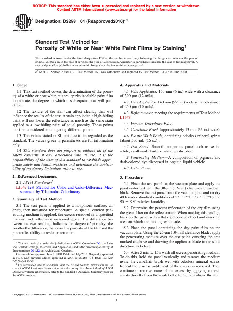 ASTM D3258-04(2010)e1 - Standard Test Method for Porosity of White or Near White Paint Films by Staining