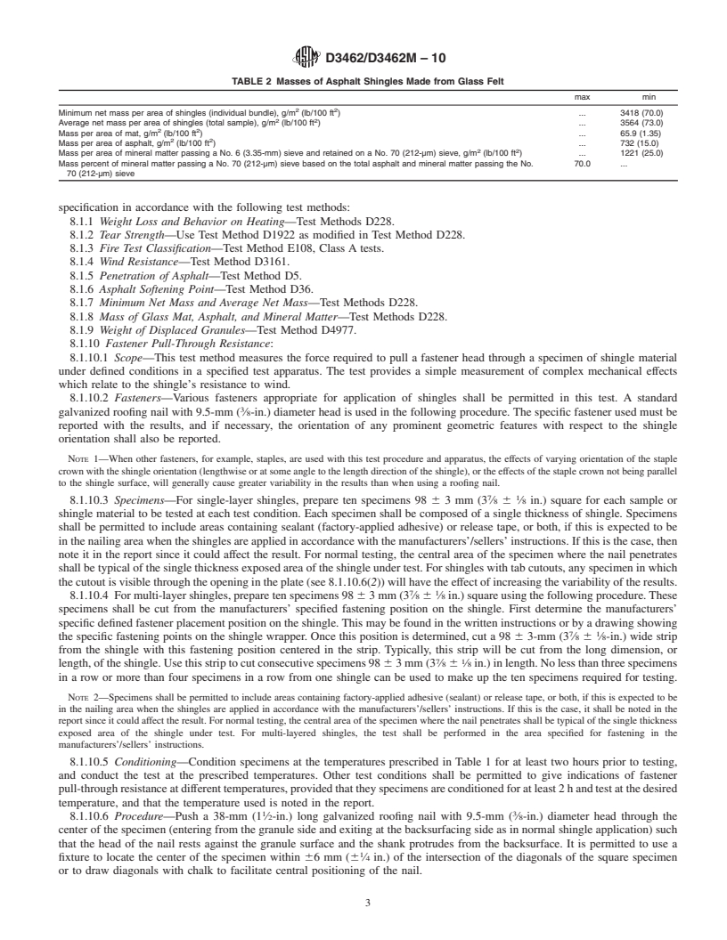 REDLINE ASTM D3462/D3462M-10 - Standard Specification for Asphalt Shingles Made from Glass Felt and Surfaced with Mineral Granules