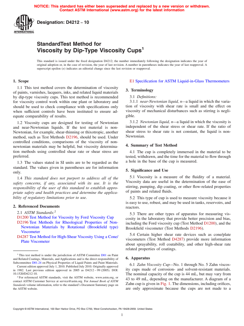 ASTM D4212-10 - Standard Test Method for Viscosity by Dip-Type Viscosity Cups