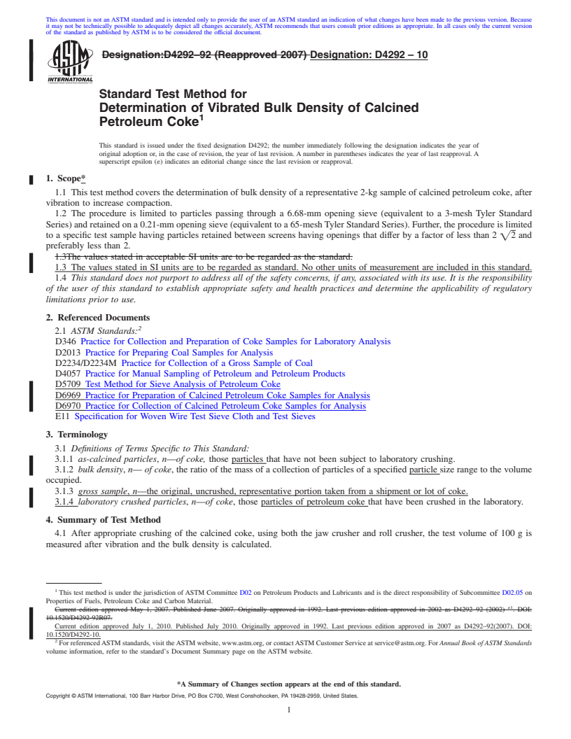 REDLINE ASTM D4292-10 - Standard Test Method for Determination of Vibrated Bulk Density of Calcined Petroleum Coke