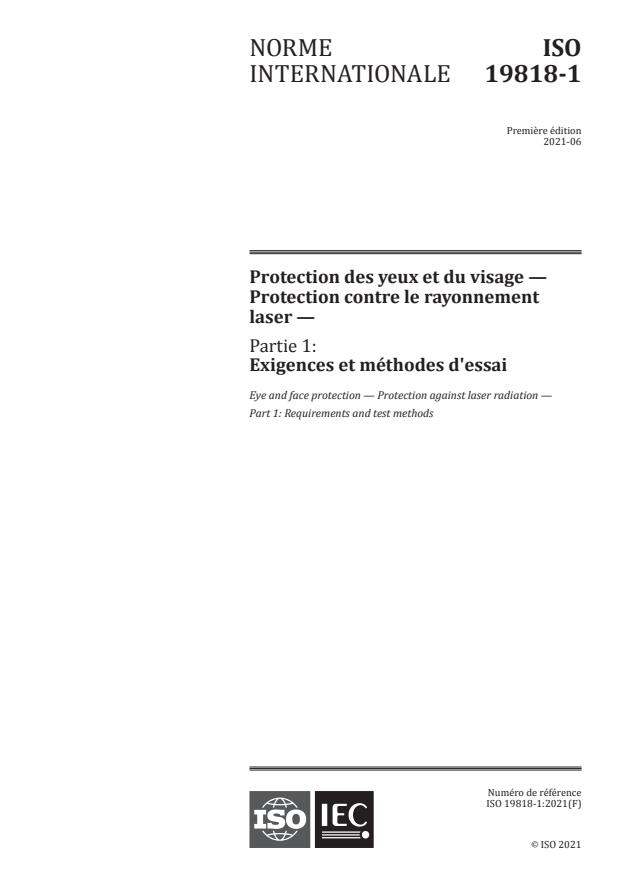 ISO 19818-1:2021 - Protection des yeux et du visage -- Protection contre le rayonnement laser