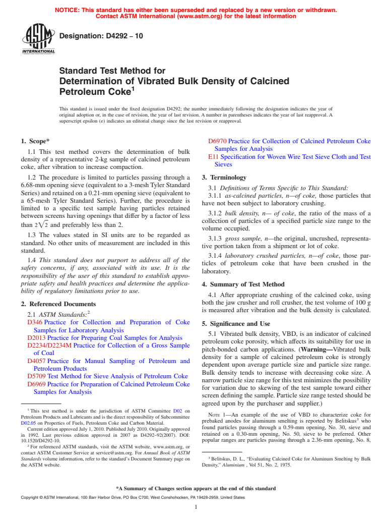 ASTM D4292-10 - Standard Test Method for Determination of Vibrated Bulk Density of Calcined Petroleum Coke