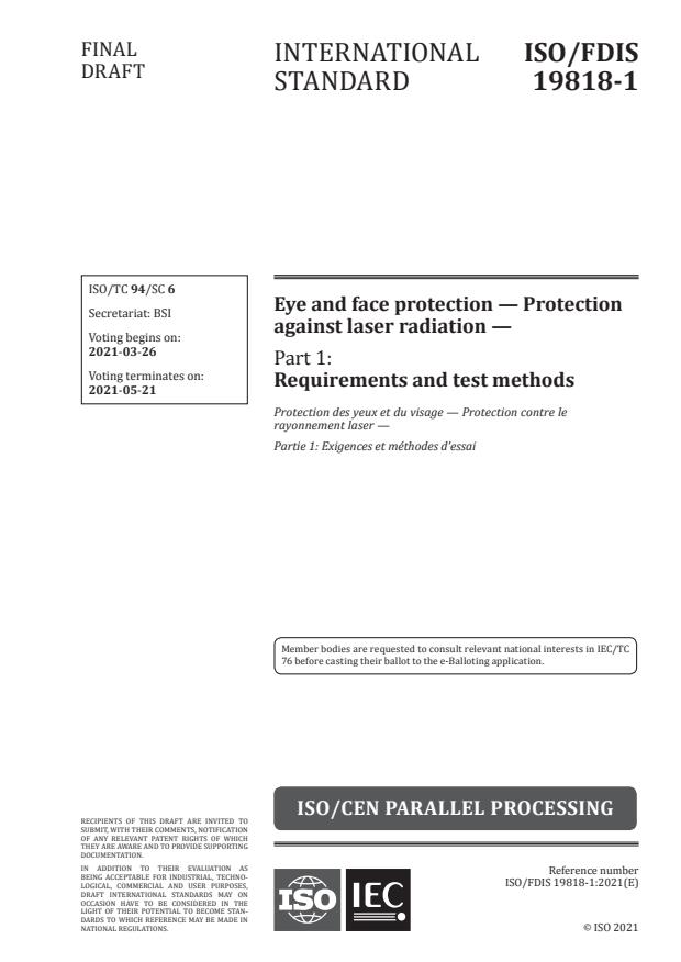 ISO/FDIS 19818-1:Version 20-mar-2021 - Eye and face protection -- Protection against laser radiation