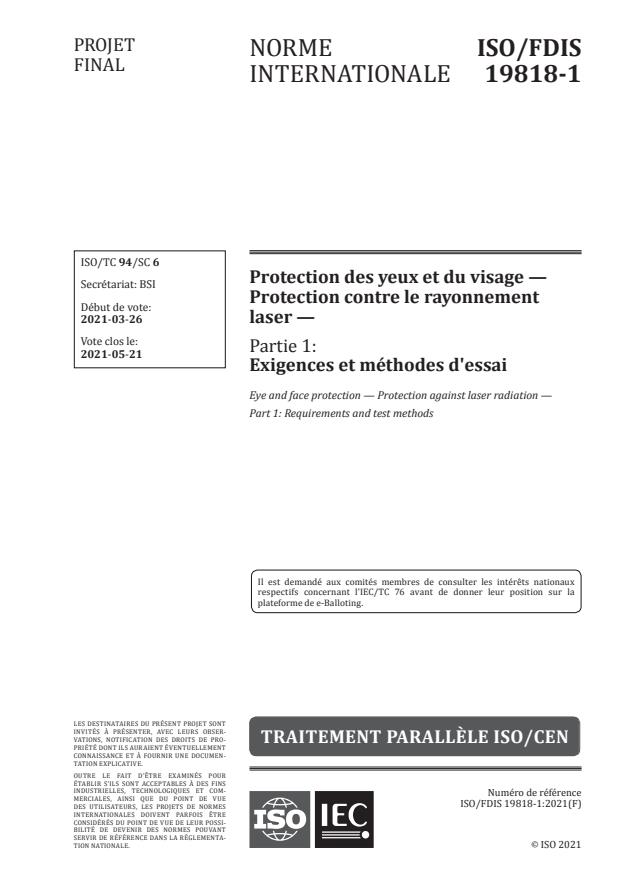 ISO/FDIS 19818-1:Version 01-maj-2021 - Protection des yeux et du visage -- Protection contre le rayonnement laser