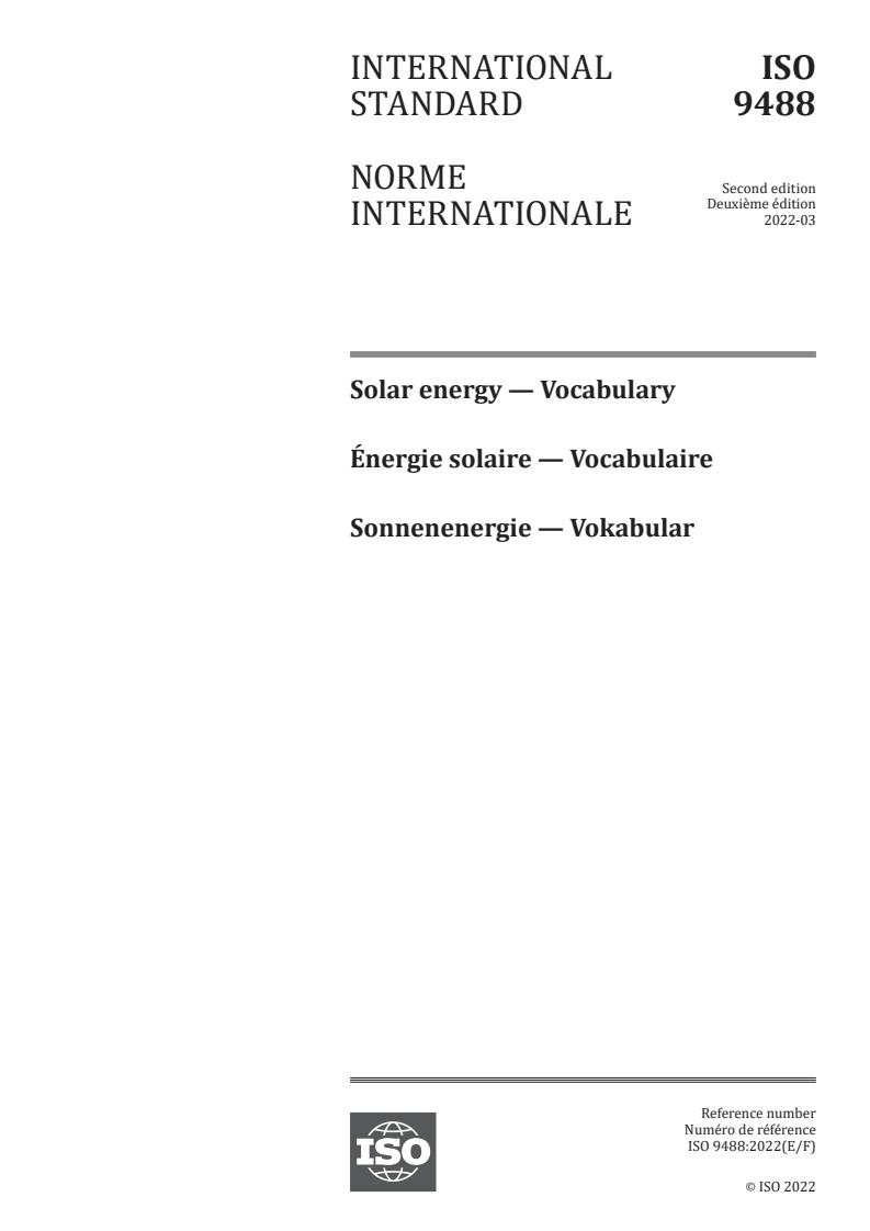 ISO 9488:2022 - Solar energy — Vocabulary
Released:3/31/2022