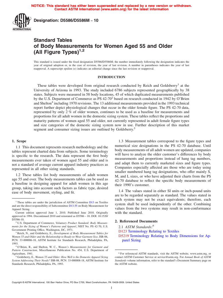 ASTM D5586/D5586M-10 - Standard Tables of Body Measurements for Women Aged 55 and Older (All Figure Types) (Withdrawn 2019)