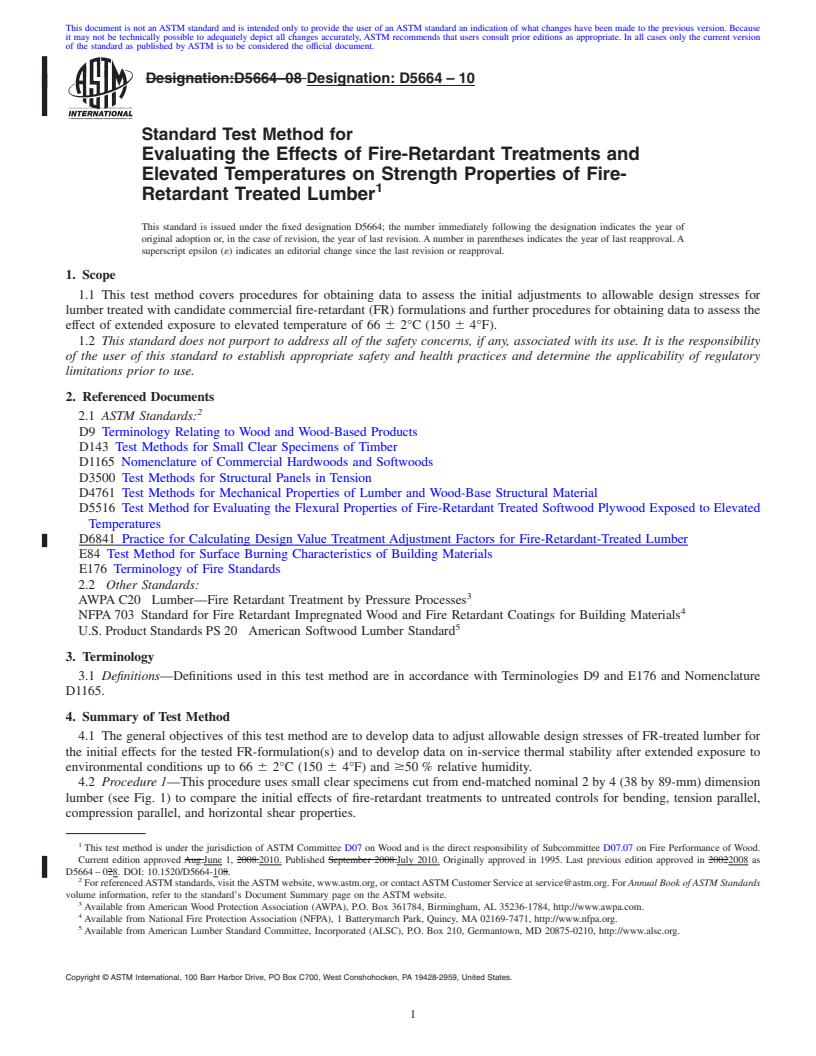 REDLINE ASTM D5664-10 - Standard Test Method for Evaluating the Effects of Fire-Retardant Treatments and Elevated Temperatures on Strength Properties of Fire-Retardant Treated Lumber