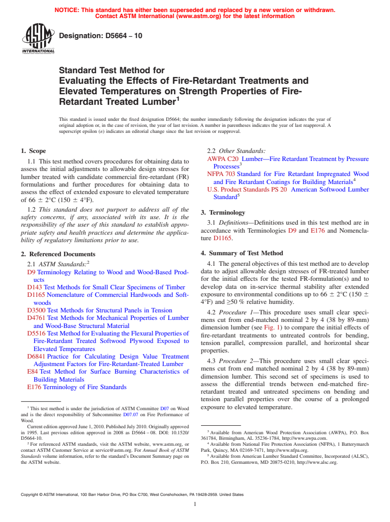 ASTM D5664-10 - Standard Test Method for Evaluating the Effects of Fire-Retardant Treatments and Elevated Temperatures on Strength Properties of Fire-Retardant Treated Lumber