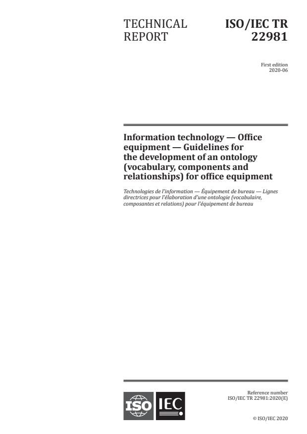ISO/IEC TR 22981:2020 - Information technology -- Office equipment -- Guidelines for the development of an ontology (vocabulary, components and relationships) for office equipment