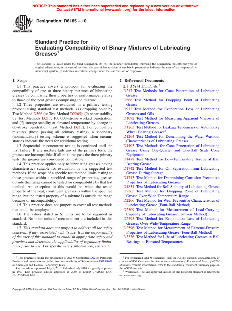 ASTM D6185-10 - Standard Practice for Evaluating Compatibility of Binary Mixtures of Lubricating Greases